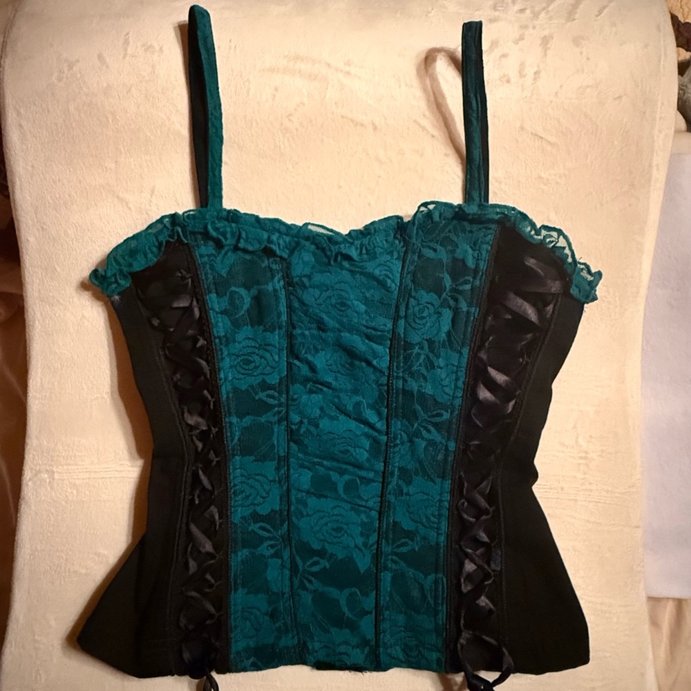 Vintage Y2K Hot Topic Emerald Black Lace Brocade Corset Bustier Top NWT Size L